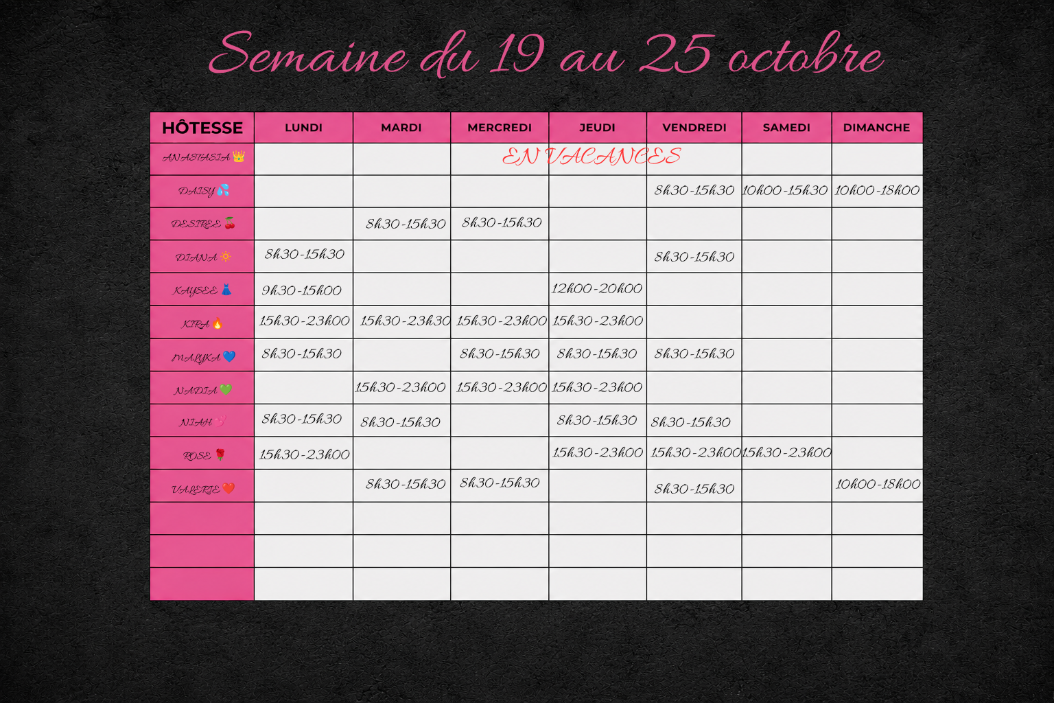 HORAIRE DE LA SEMAINE 